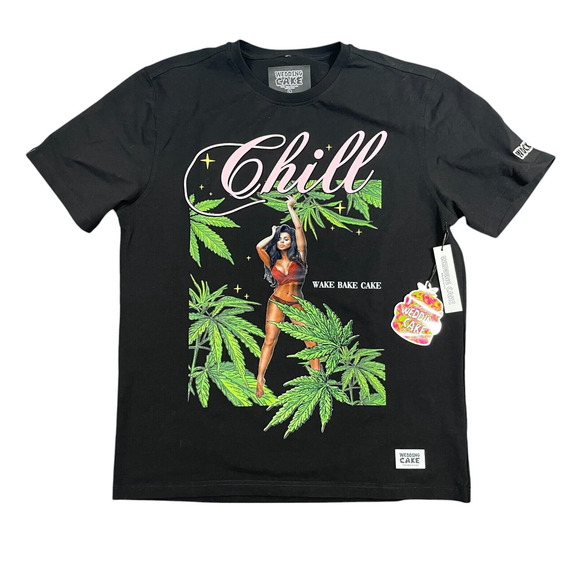 Wake Bake and Cake Cannabis Pot T-Shirt Men L Black Chill Wedding Cake WFCK - Picture 1 of 7
